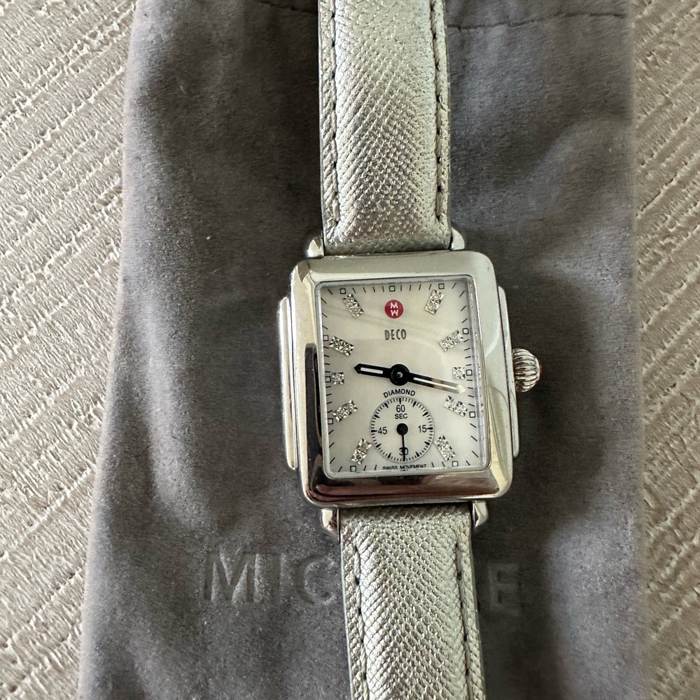 Michele mini watch with silver leather strap. In really great condition.